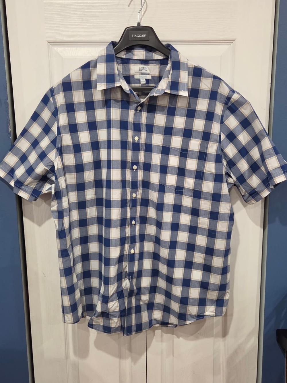 croft & barrow Blue and White Plaid Short-Sleeve Button-Up Shirt